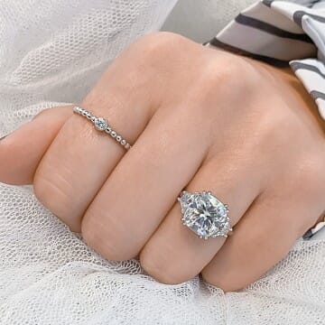 Cushion Cut Moissanite Three-Stone Engagement Ring white gold front view