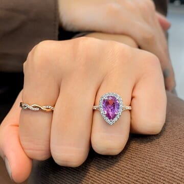 Pear shaped pink sapphire ring ayakashi triangle