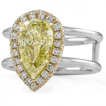 2.15 carat Pear Shape Yellow Diamond Halo Engagement Ring double white gold band front view