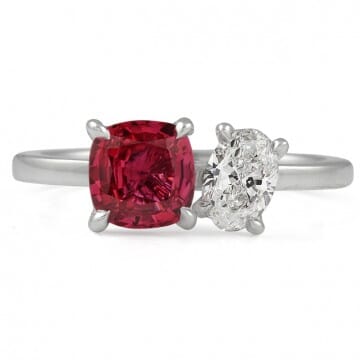 Cushion Ruby and Oval Diamond Duo Ring front view