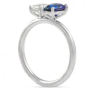 Oval Sapphire and Emerald Cut Diamond Duo Ring front view 14 karat white gold