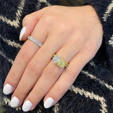 Emerald Cut and Yellow Heart Diamond Duo Ring front view 14 karat white gold yellow