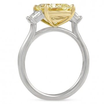 3.05 carat Yellow Cushion Cut Diamond Three-Stone Ring front view white gold