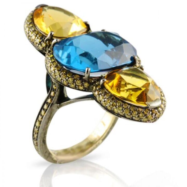 CITRINE AND BLUE TOPAZ WITH PAVE SAPPHIRE 18K BLACKENED GOLD RING