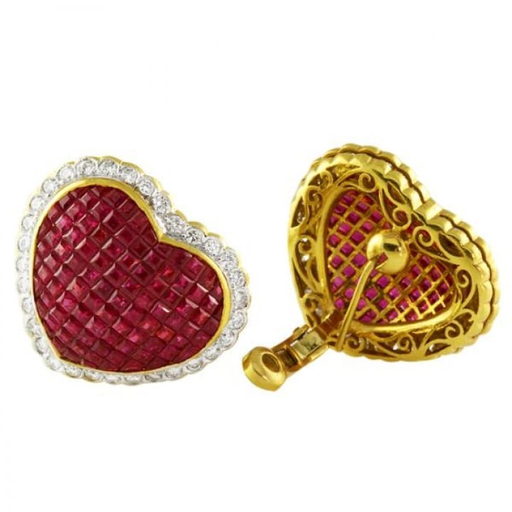 RUBY AND DIAMOND 18K YELLOW GOLD CLUSTER EARRINGS