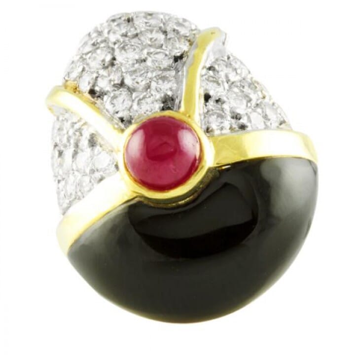DIAMOND RUBY AND ONYX 18K YELLOW GOLD CLUSTER EARRINGS