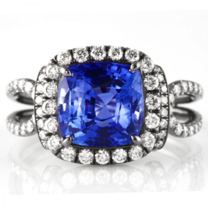 3.28 carat Sapphire and Diamond Black Rhodium Platinum Ring profile