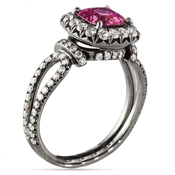 1.52 carat Pink Sapphire and Diamond Black Rhodium Platinum Engagement Ring