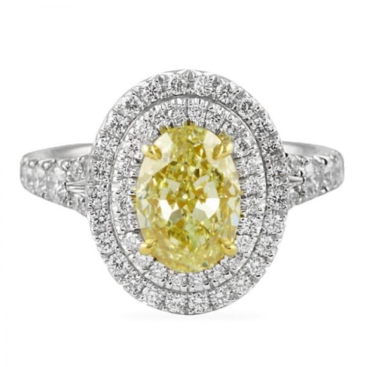 1.74 carat Fancy Yellow Oval Diamond Double Halo Engagement Ring