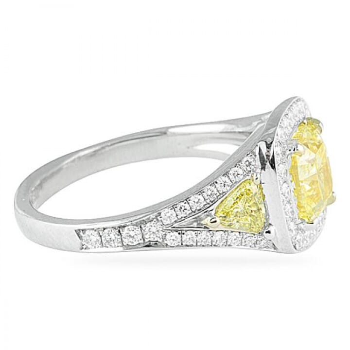 1.50 carat Yellow Diamond Three-Stone Halo Engagement Ring