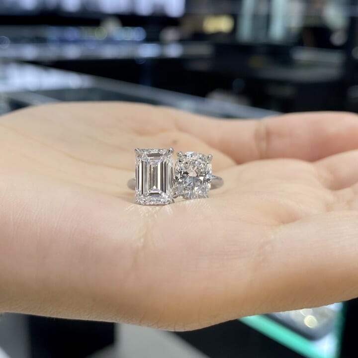 2.77 carat Emerald Cut & 2.02 Cushion Lab Diamond Duo Ring flat
