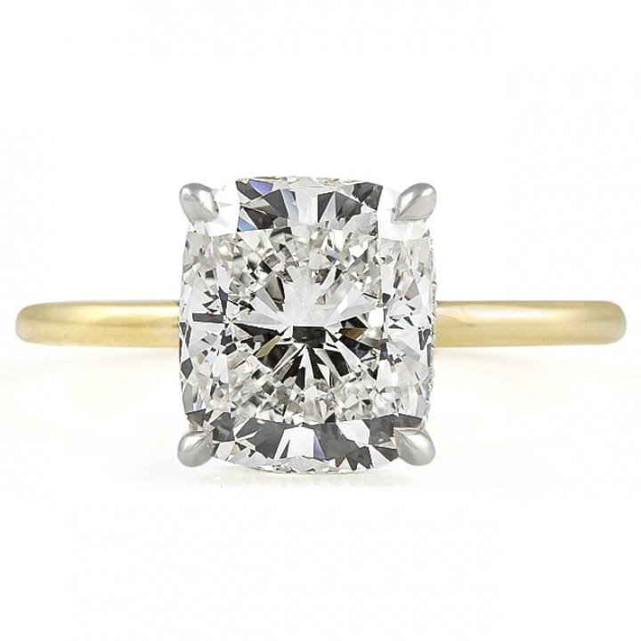 3 carat Cushion Cut Diamond Signature Wrap Solitaire Ring two-tone yellow gold white gold