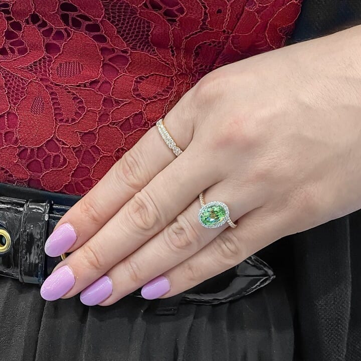 Oval Merelani Mint Garnet Swoop Halo Ring