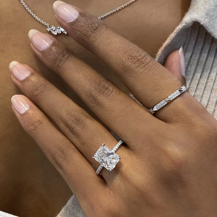 3 carat Radiant Cut Diamond Pave Basket Engagement Ring flat
