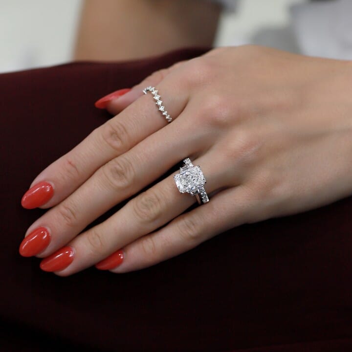 4.78 carat Radiant Cut Lab Three-Stone Engagement Ring flat