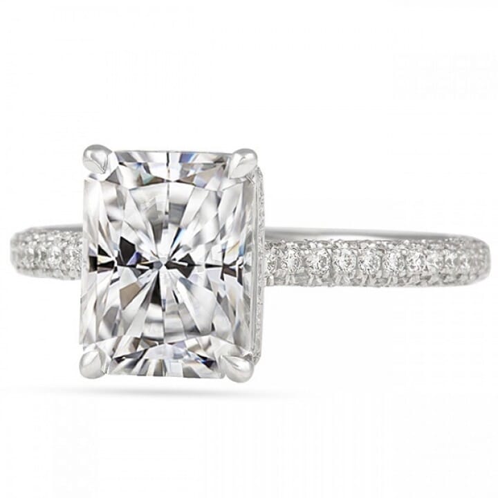 Radiant Cut Moissanite Three Row Cathedral Engagement Ring
