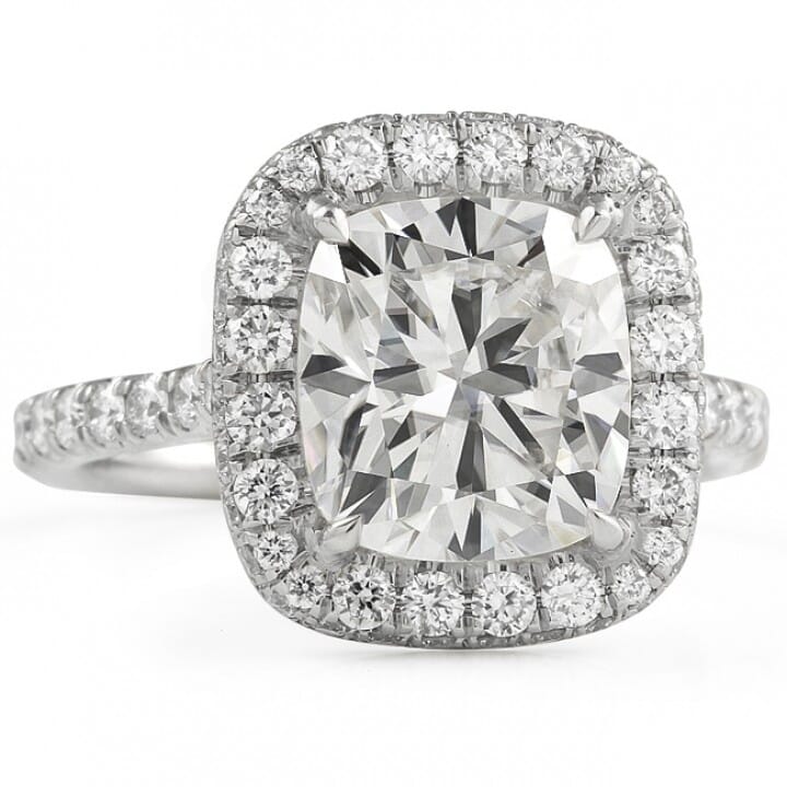 Cushion Cut Moissanite Double Edge Halo Engagement Ring white gold pave diamond band