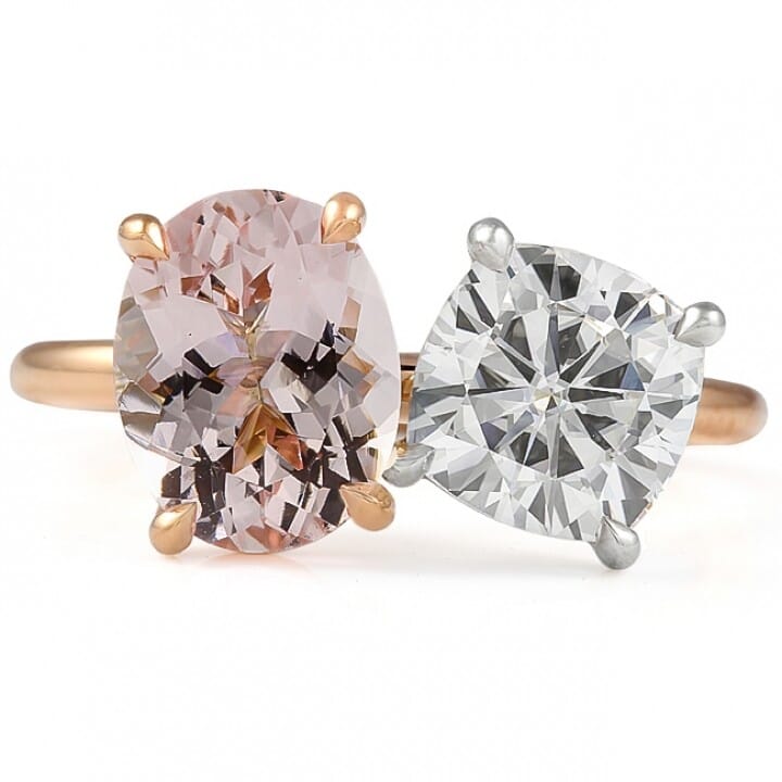 Oval Morganite and Cushion Moissanite Duo Ring