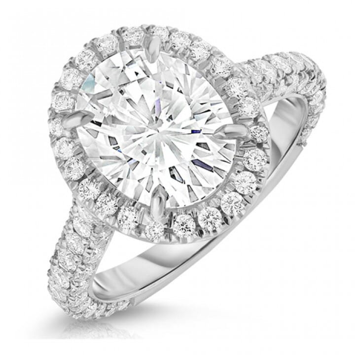 Oval Moissanite Halo Engagement Ring with Three-Row Band angle