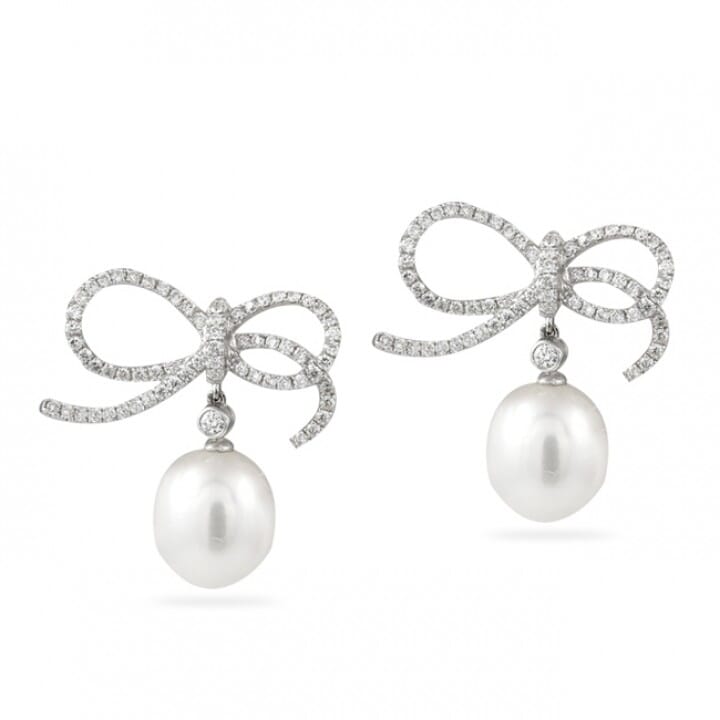 Diamond Bow and Pearl 18K White Gold Earrings