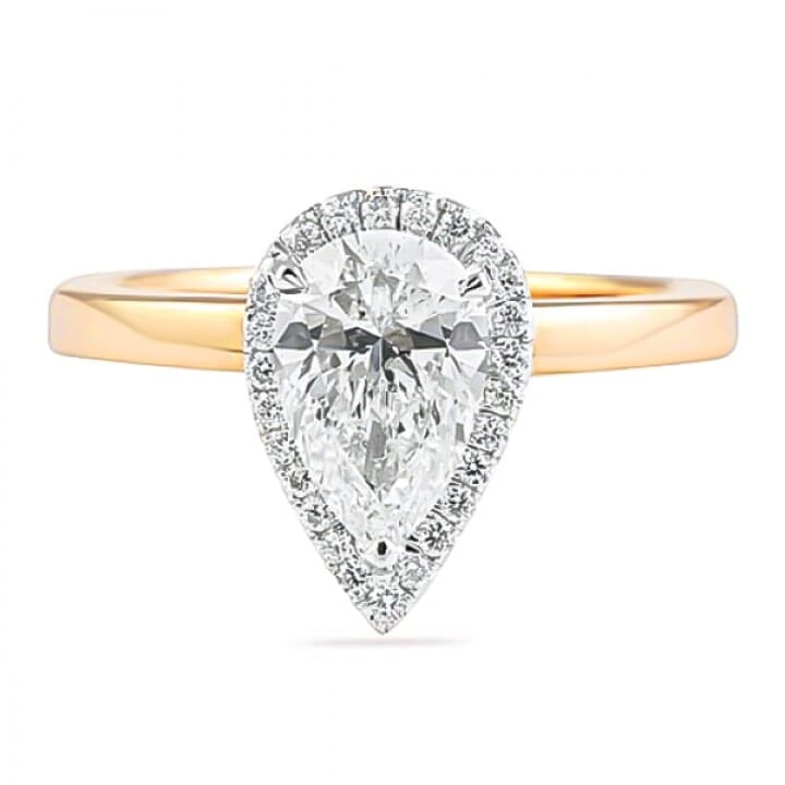 White Sapphire Pear Halo Plain Shank Engagement Ring Set, Milgrain Leaf  Wedding Band, Cathedral, 2.5ct,