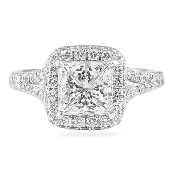 1.70 carat Princess Cut Diamond Halo with Split Engagement Ring flat