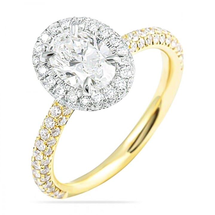 1.00ct Oval Diamond Two-Tone Halo Ring with a Three-Row Band angle