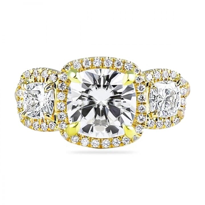 Cushion Moissanite Three-Stone Halo Engagement Ring top