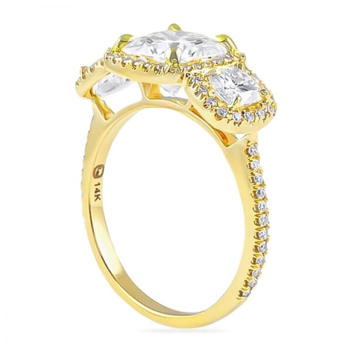 Cushion Moissanite Three-Stone Halo Engagement Ring top
