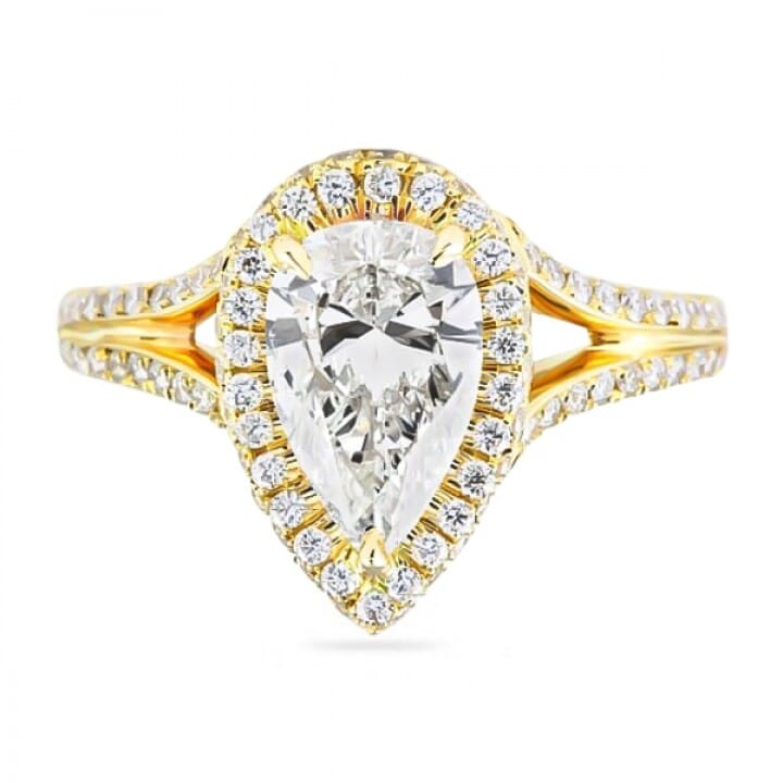1.50ct Pear Shape Yellow Gold Halo Engagement Ring flat