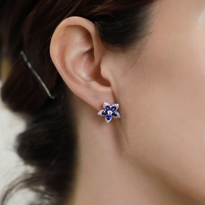 Blue Sapphire and Diamond Flower Stud Earrings front