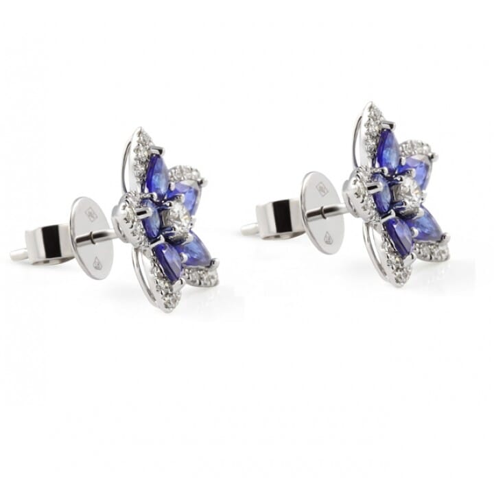 Blue Sapphire and Diamond Flower Stud Earrings front