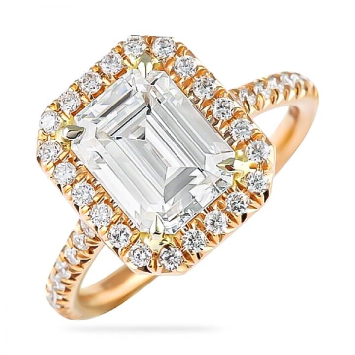 Emerald Cut Moissanite Rose Gold Halo Ring angle