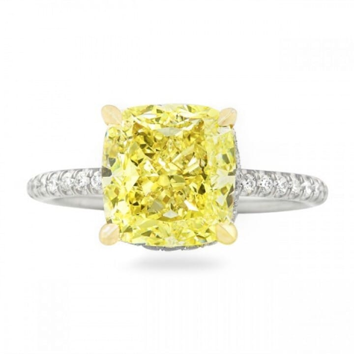 4.01 carat Fancy Intense Yellow Cushion Diamond Engagement Ring