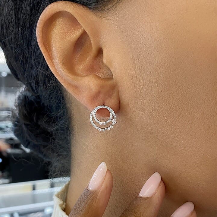 Round and Baguette Diamond Open Circle Studs