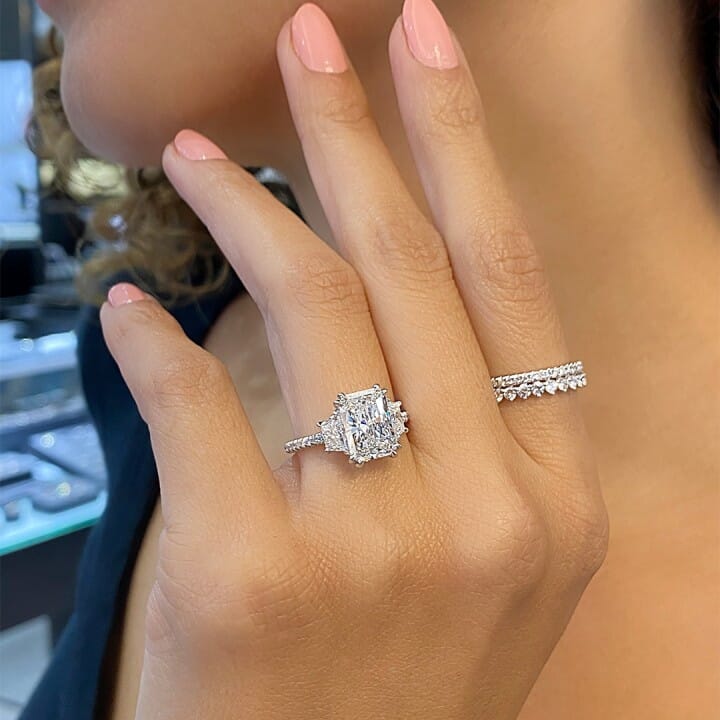 2.75 carat Radiant Cut Lab Diamond Three-Stone Engagement Ring flat