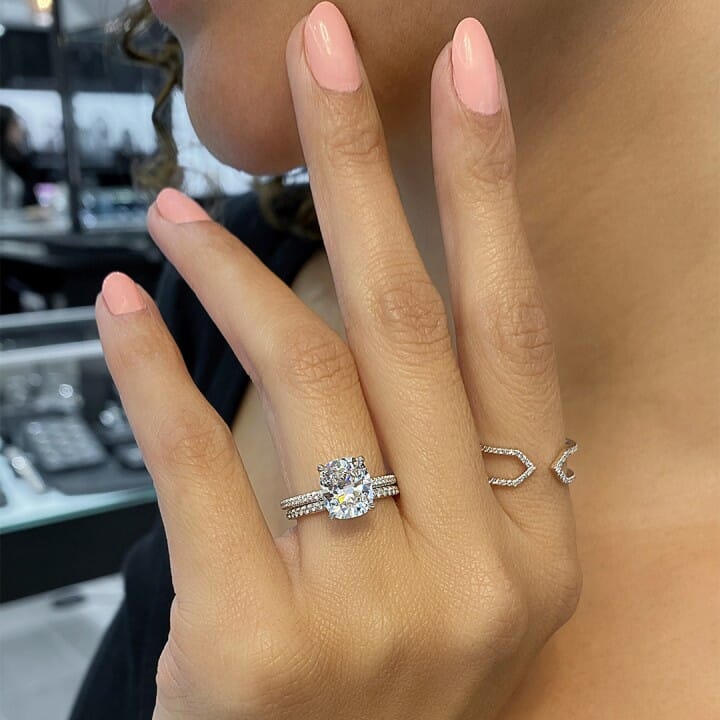 2.65 carat Cushion Cut Lab Diamond Pave Prong Engagement Ring flat