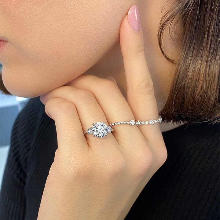 2.76 carat Round Lab Diamond Three Stone Engagement Ring flat