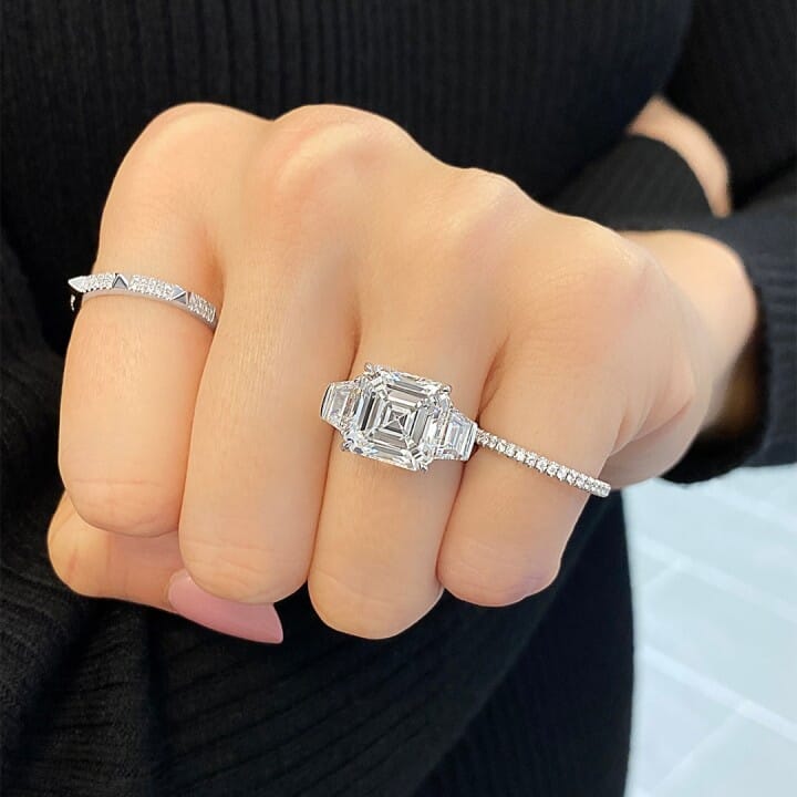 6.51 carat Asscher Cut Lab Diamond Three Stone Engagement Ring flat