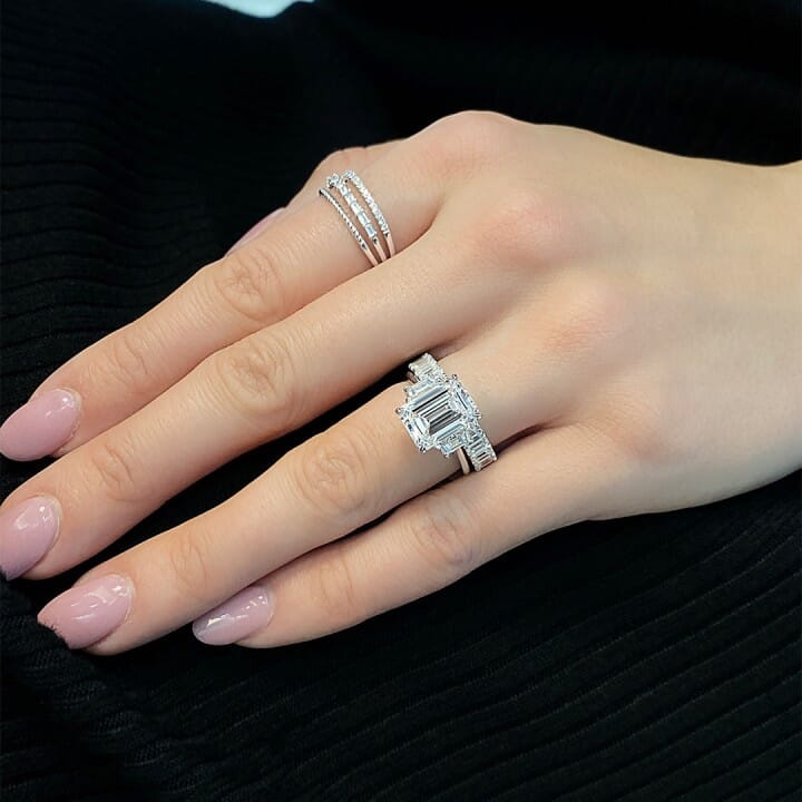 4.08 carat Emerald Lab Diamond Three Stone Engagement Ring flat