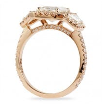 THREE STONE HALO ENGAGEMENT RING IN ROSE GOLD