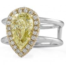 2.15 carat Pear Shape Yellow Diamond Halo Engagement Ring double white gold band front view
