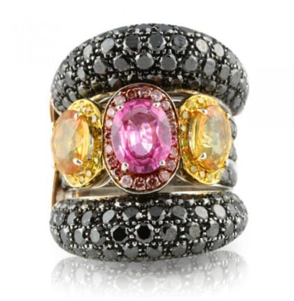 YELLOW PINK BLACK DIAMONDS AND SAPPHIRE 18K WHITE AND ROSE GOLD RING