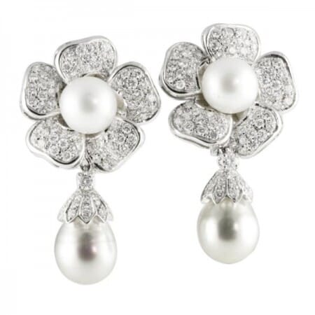 SOUTH SEA AND BAROQUE PEARL AND DIAMOND 18K WHITE GOLD EARRINGS