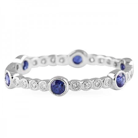 Bezel Set Sapphire and Pave Diamond Eternity Band front view