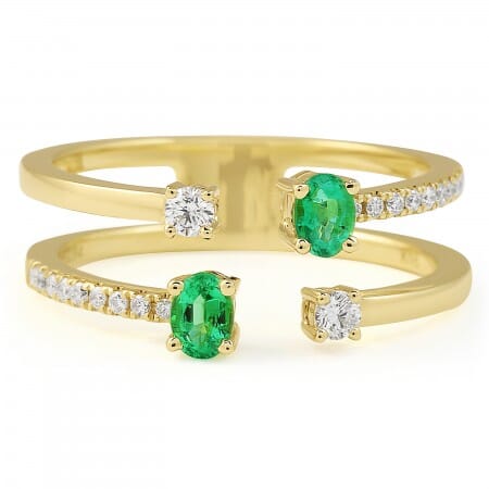 Oval Shaped Emerald and Diamond Open Ring flat