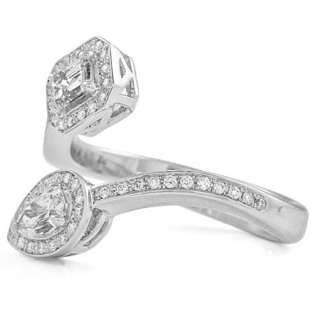 Toi et Moi Emerald and Pear Diamond Halo Ring front view