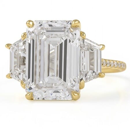 4.58 Carat Emerald Cut Lab Diamond Three-Stone Engagement Ring flat