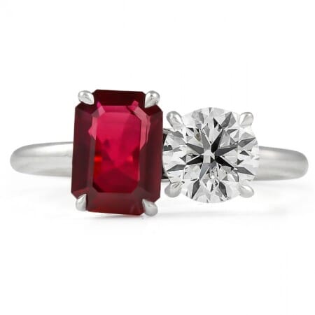 Ruby and Round Diamond Invisible Gallery™ Duo Ring front view 14 karat white gold