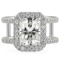 Radiant Cut Moissanite Split Band Halo Engagement Ring front view white gold